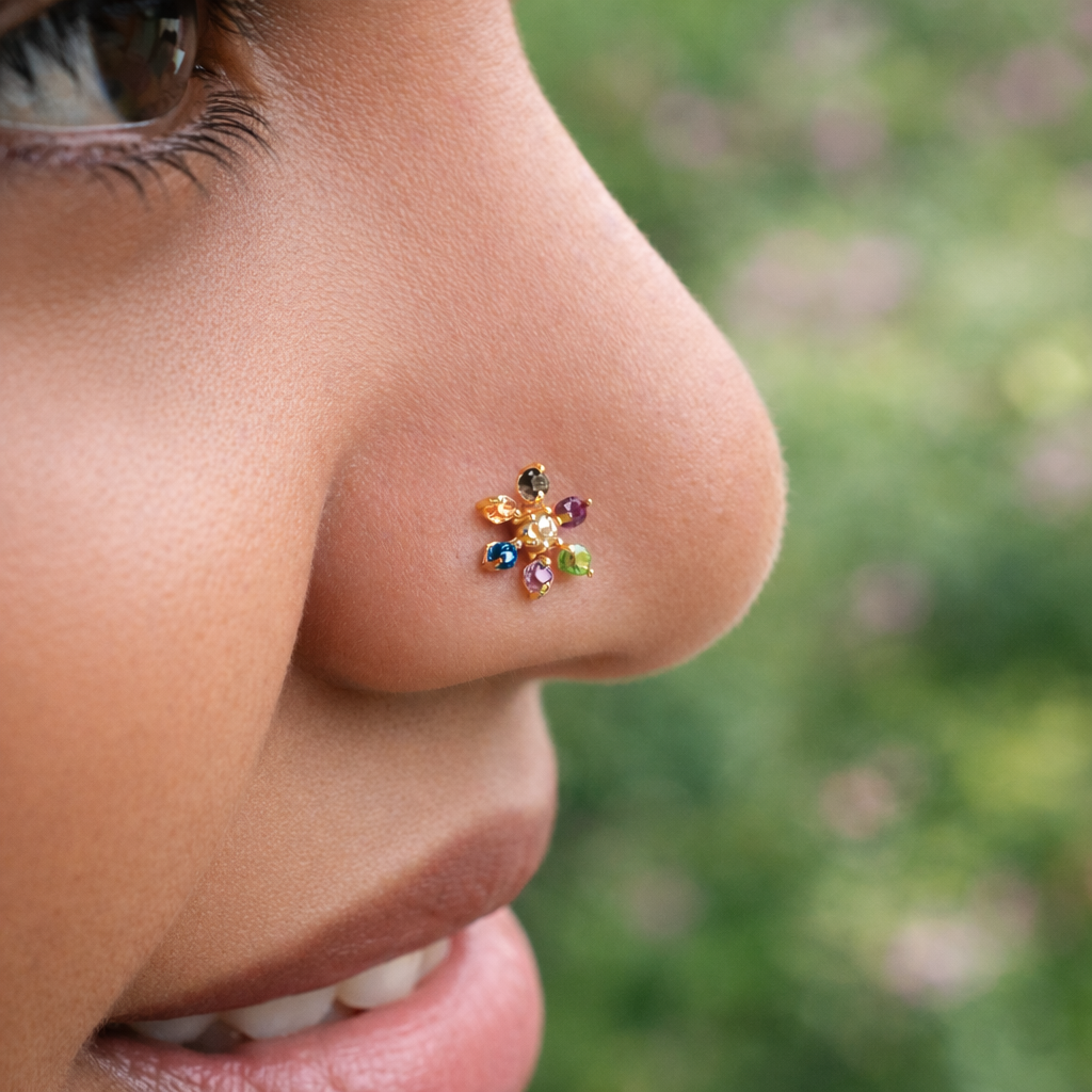 GN0113- Multi Colour Six Petal Nose Pin