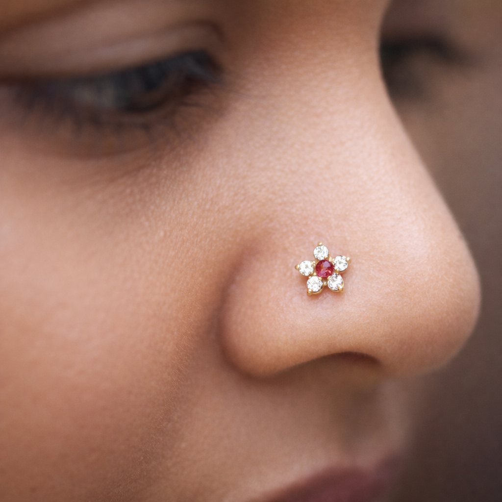 GN0111 - Five Petal Nose Pin with Red Stud
