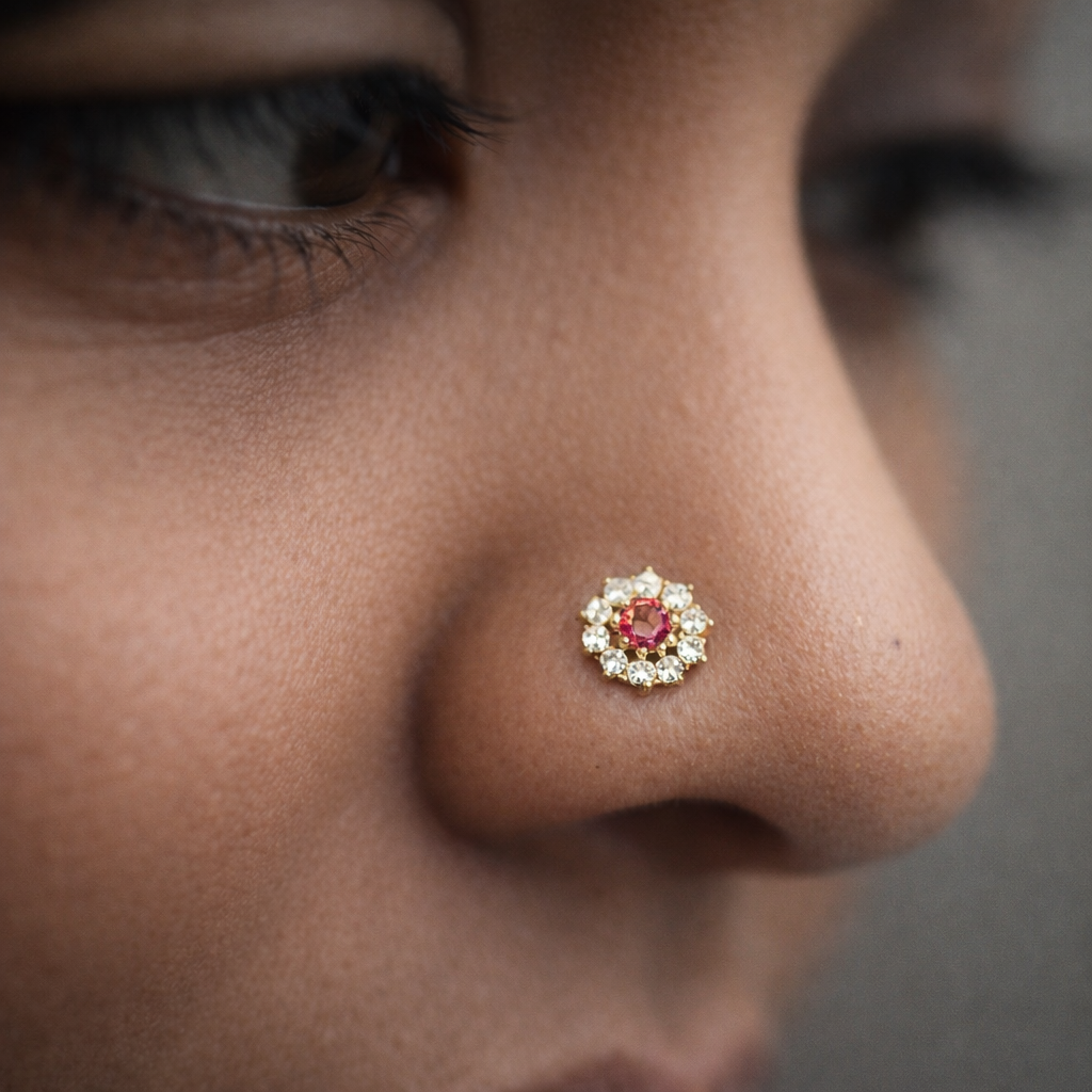 GN0103- Red and White Circular Nose Pin